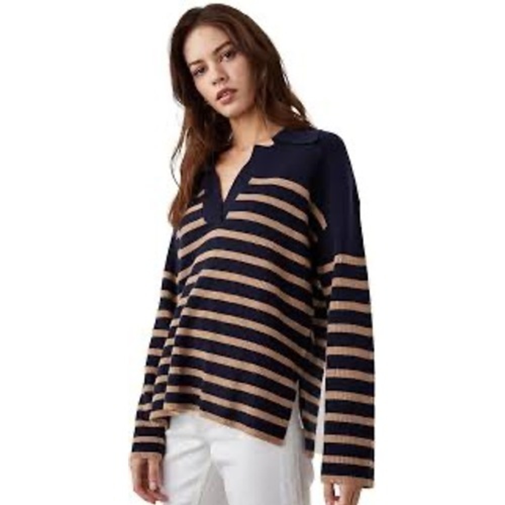 Rails Navy Tan Harris Sweater Striped Merino‎ Wool Cashmere Blend V-Neck Polo XS